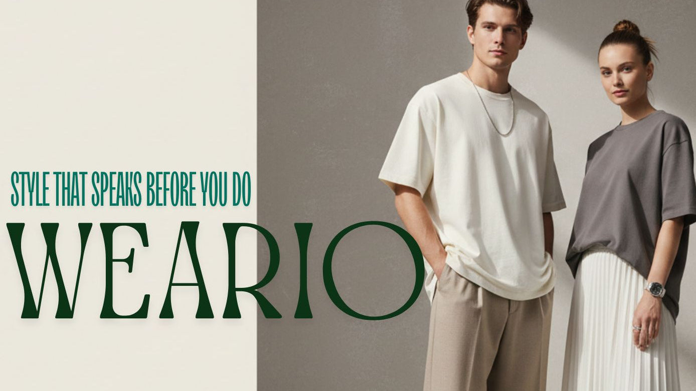Two people wearing clothing from the brand 'WEARIO' with a neutral background.